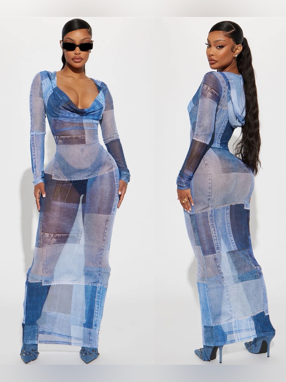 Fashion Nova | Sheet Mesh Denim Print Patchwork Maxi Dress with Hood | NWOT | M